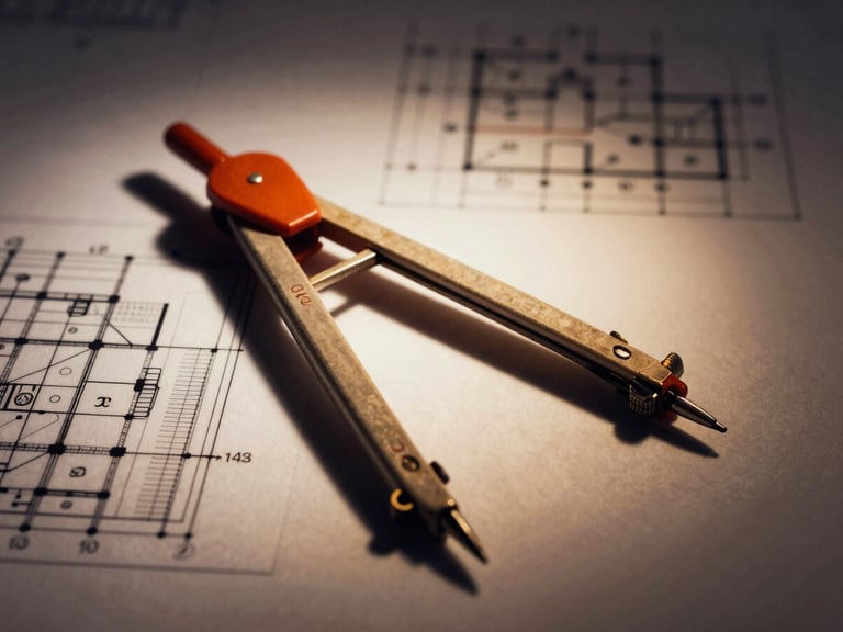 Tight macro shot of a physical architectural blueprint, architectural compass resting on the paper, warm side-lighting, rust-orange accents.