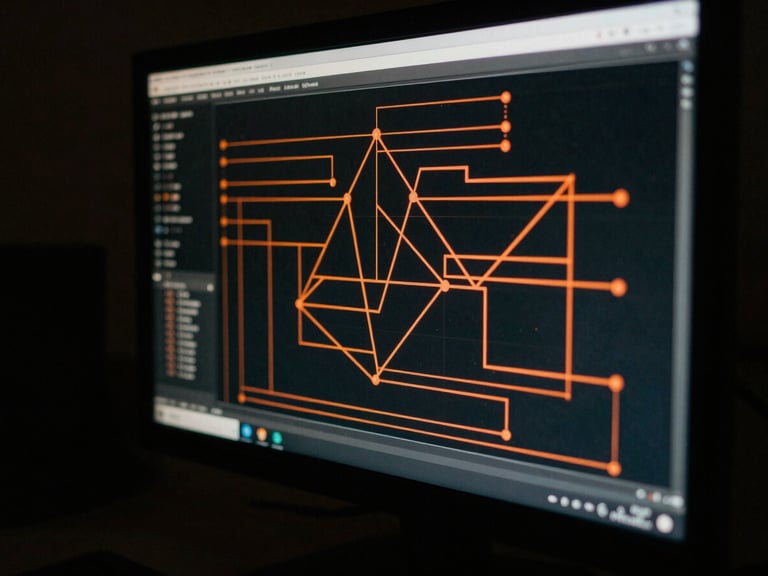 Close-up of a glowing monitor in a dark room displaying complex network wireframes, sharp rust-orange accents, deep shadows.