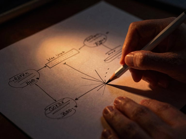 Macro shot of hands sketching a flow diagram on dark craft paper with a white pencil, dramatic side-lighting, amber highlights.