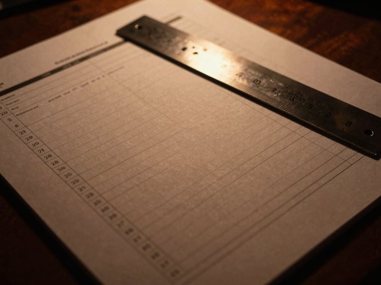 Low-key editorial photo of a physical spreadsheet printed on heavy paper, a steel ruler resting on top, warm amber side-lighting.