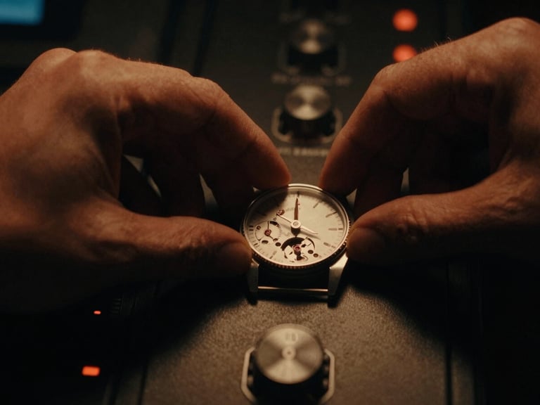 Close-up of hands adjusting a high-end mechanical dial on a dark control panel, warm amber light cutting through deep shadows.