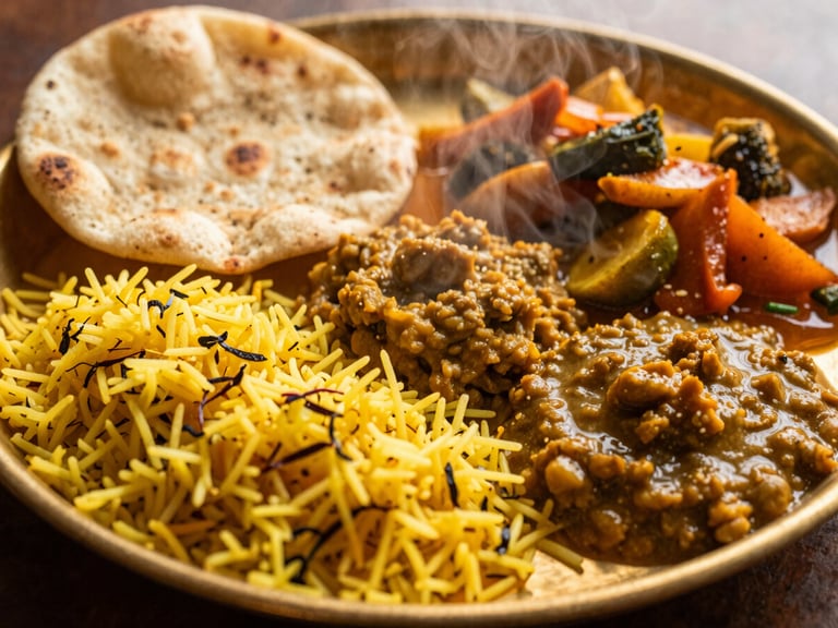 Close-up of traditional vegetarian prasadam served on a brass plate: saffron rice, rich lentil dhal, artisanal flatbread, and colorful vegetable curry, warm steam rising, golden lighting.