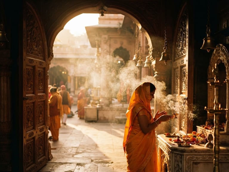 Warm golden-hour sunlight streaming through the arched wooden doors of a traditional Vedic temple, soft incense smoke rising in the air, shallow depth of field, 35mm photography