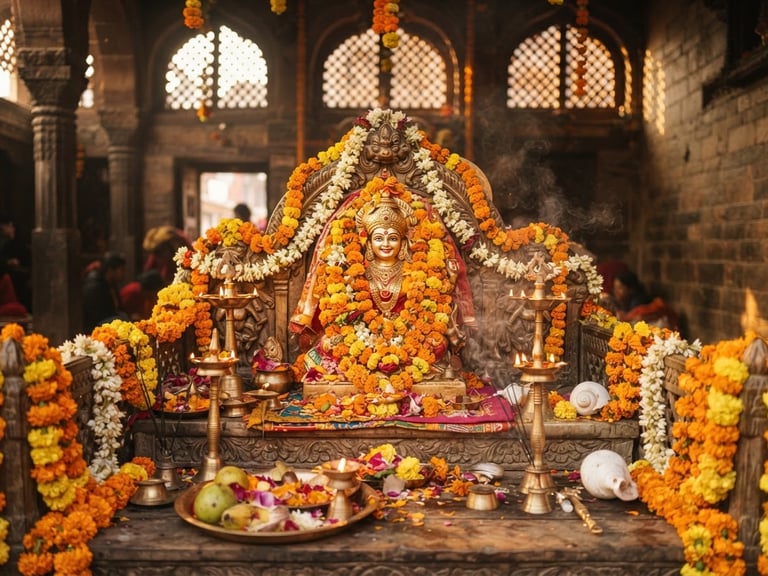 Warm editorial photography of a beautifully adorned temple altar with fresh marigold garlands, soft golden-hour light filtering through high windows, shallow depth of field.