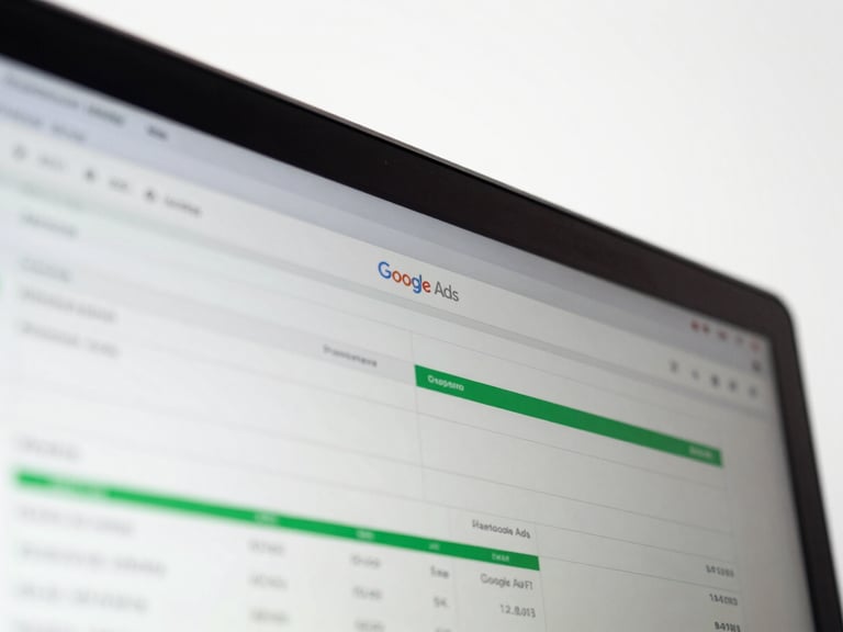 Extreme close-up of a desktop monitor displaying a Google Ads campaign performance dashboard, green conversion metrics visible, clean white studio background, sharp clinical lighting from above