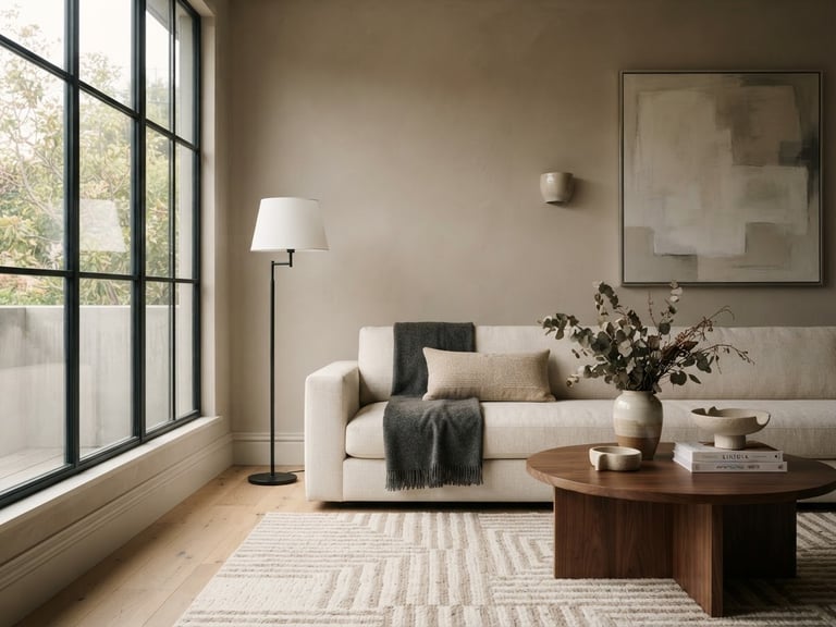 Elegant interior detail of a modern living room with soft natural window light, warm taupe and cream tones, architectural straight-on lines, 35mm lens
