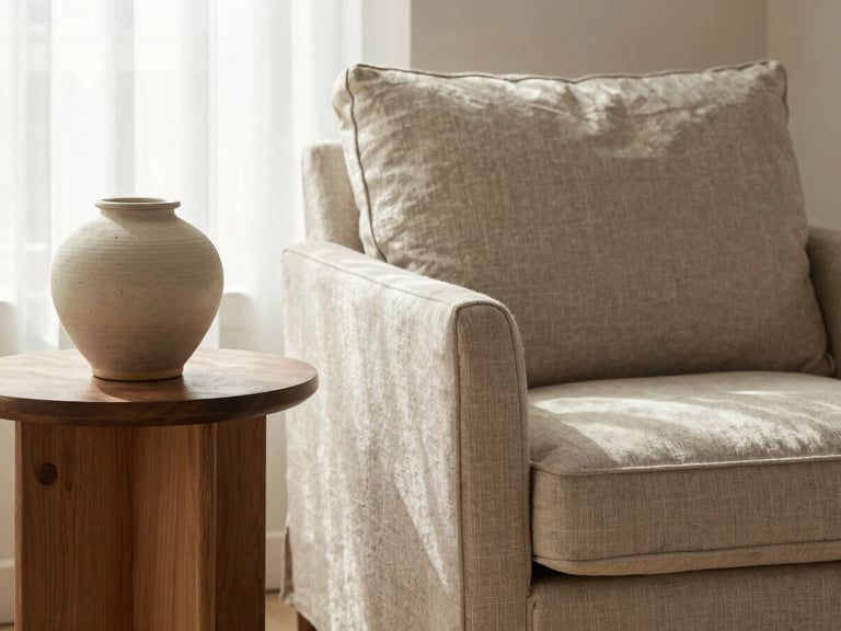 Close-up of styled interior staging, a linen armchair beside a wooden side table with a ceramic vase, soft morning light, editorial style.