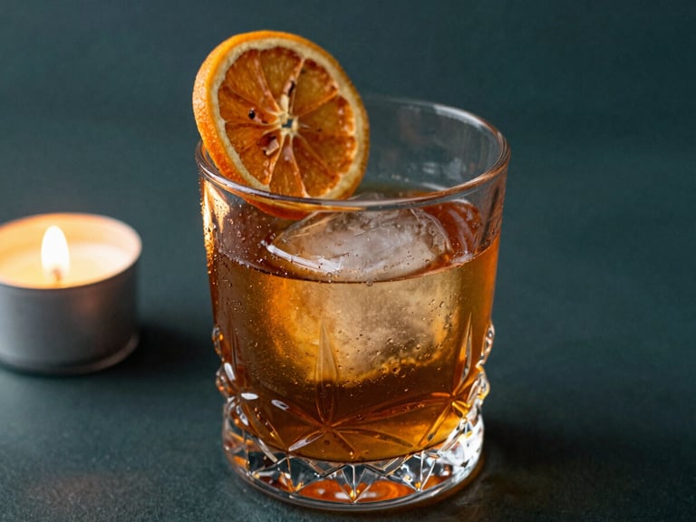 A sweating crystal glass filled with an amber rum cocktail, a single large ice cube, garnished with a dehydrated orange wheel, warm low-key candlelight, dark teal background, 35mm