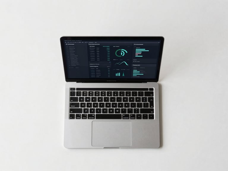 Crisp overhead desk layout with a modern laptop showing a complex data dashboard, clean neutral daylight, cool desaturated tones, sharp focus, high-contrast 35mm.