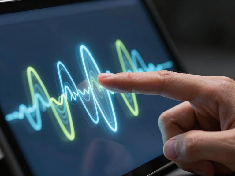 Extreme close-up of a finger touching a sleek screen glass, abstract blue and lime light waves representing haptic feedback, high-contrast dark studio lighting.