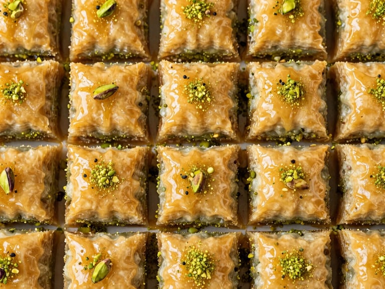 Overhead flat-lay of uniform rows of square pistachio baklava, glistening golden syrup, bright pistachio green dust, crisp natural side-lighting.
