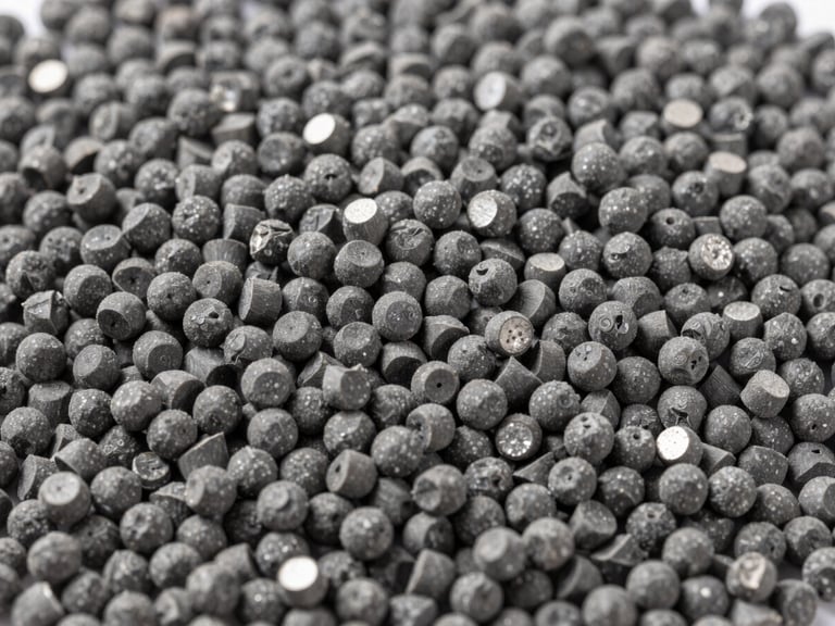 Industrial macro photography of uniform gray polymer granules, cool daylight, high-contrast slate tones, sharp focus.