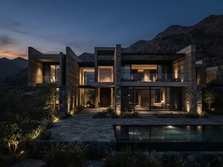 Wide environmental shot of a minimalist luxury villa facade in Saudi Arabia at dusk, dramatic shadows, sharp architectural lines, 35mm lens