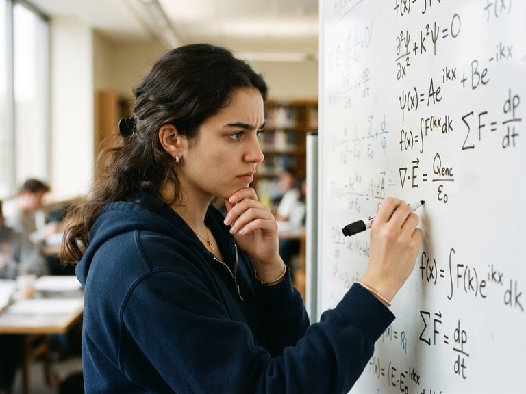 A close-up of a student in deep concentration, analyzing a complex physics derivation on a clean classroom whiteboard under bright natural library light, 35mm photography