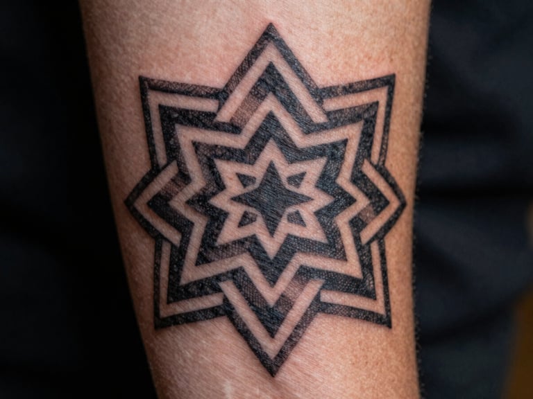 Extreme close-up of a completed geometric blackwork tattoo on forearm, sharp linework under warm tungsten studio light, skin texture visible, high contrast shadows emphasising the precision of each line