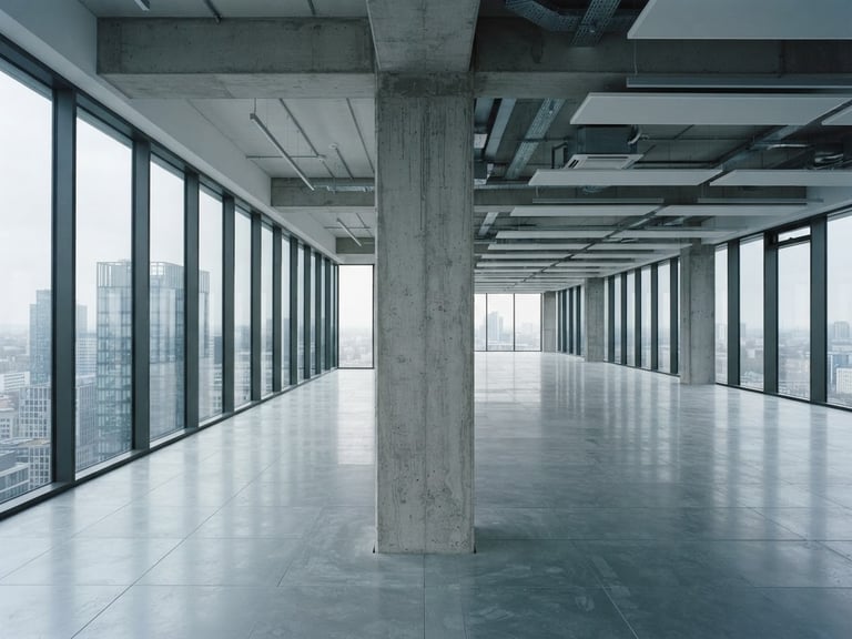 Empty premium office space flooded with natural light, raw concrete pillars, desaturated cool tones, medium format