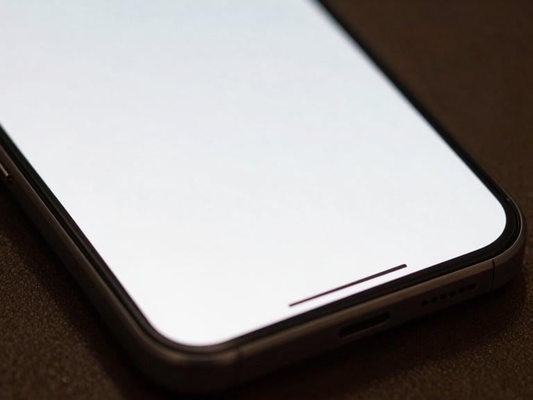 Macro photograph of a physical Android phone displaying an ultra-minimalist home screen with generous white space, soft side-lighting, 35mm lens