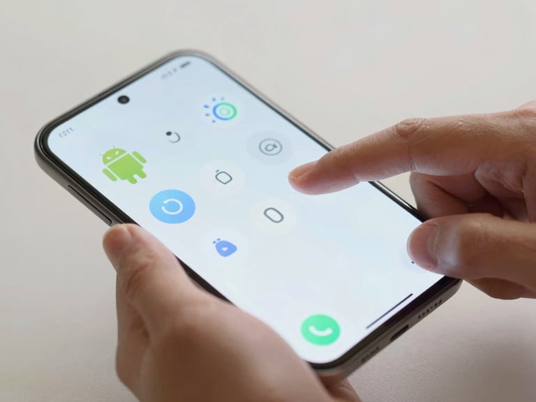 Macro 35mm photograph of hands interacting with an Android screen, showing fluid tactile widget animations under soft side-lighting with realistic screen glows.