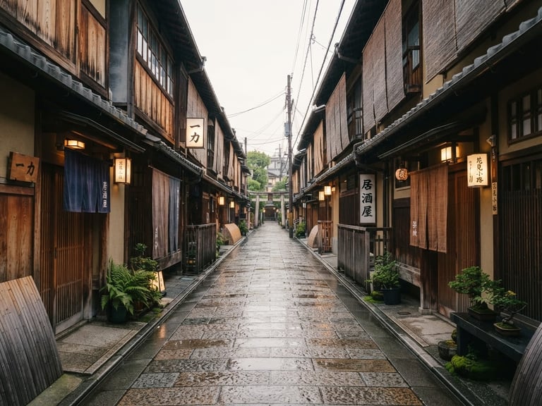 Wide environmental shot of a quiet historic street in Kyoto at dawn. Soft overcast morning light reflects on wet stone pavement. Traditional wooden machiya buildings line the narrow alley, showcasing rich textures and desaturated earth tones. Warm editorial travel photography, 35mm film look, natural depth of field.