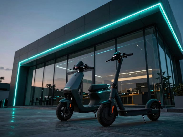 Low-angle cinematic shot of the architectural Lahore experience center at twilight, glowing cyan LED strip lighting reflecting off matte-finished electric scooters, premium glass facade