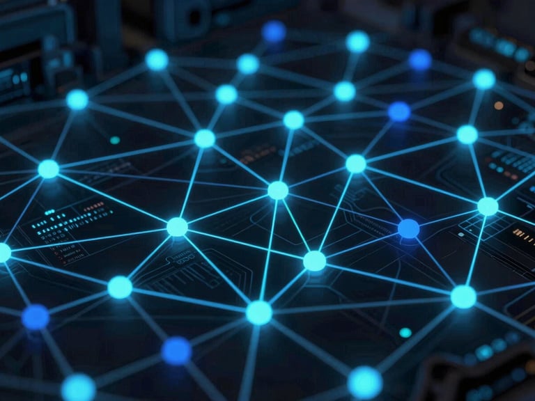 Abstract glowing network nodes representing supply chain data flows, dark background with neon blue and cyan accent lines, sharp focus, 35mm