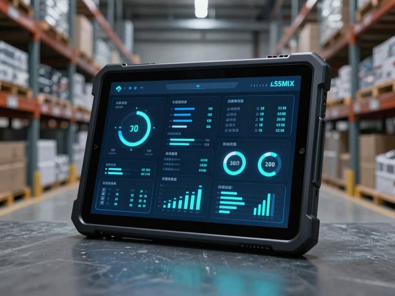 Clean data dashboard displayed on a rugged tablet inside a modern high-bay warehouse, cool-toned lighting, high contrast, 35mm