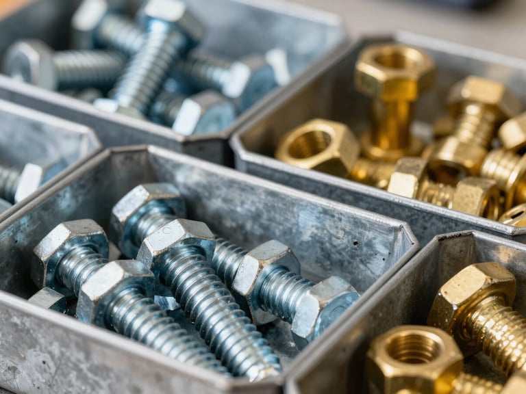 Macro detail of steel hex bolts and brass hardware organized in clean steel bins, high contrast workshop light, sharp focus