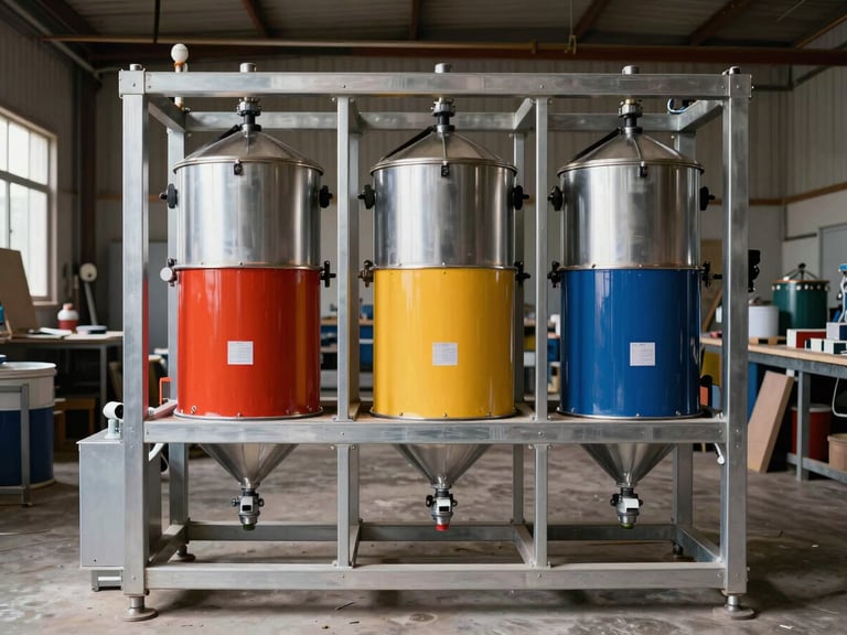 Straight-on architectural shot of a modern industrial paint mixing station with vibrant paint cans, natural workshop daylight