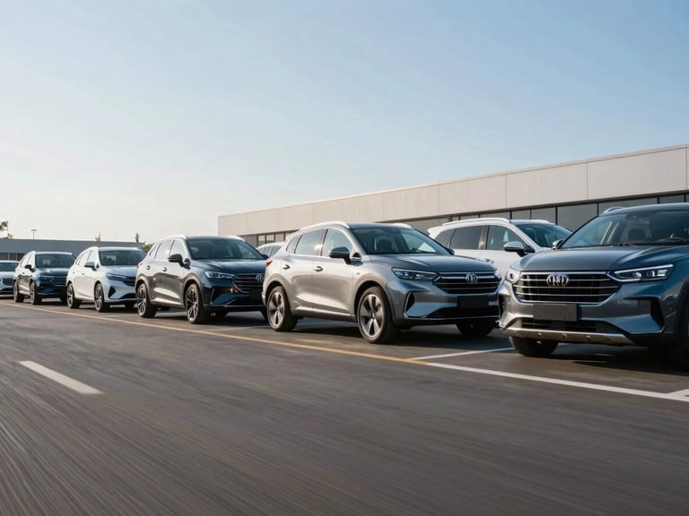 Wide environmental shot of a modern dealership lot with several late-model vehicles neatly arranged, crisp daylight, low horizon.