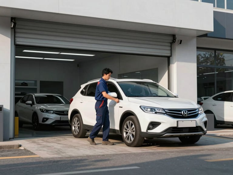 Professional driver delivering a freshly cleaned vehicle to a modern repair shop entrance, high-contrast cool tones, 35mm.