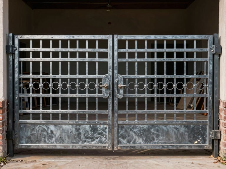 Heavy-duty custom metal gate with intricate design, installed on a Texas ranch, wide-angle, natural sunlight, durable construction visible.