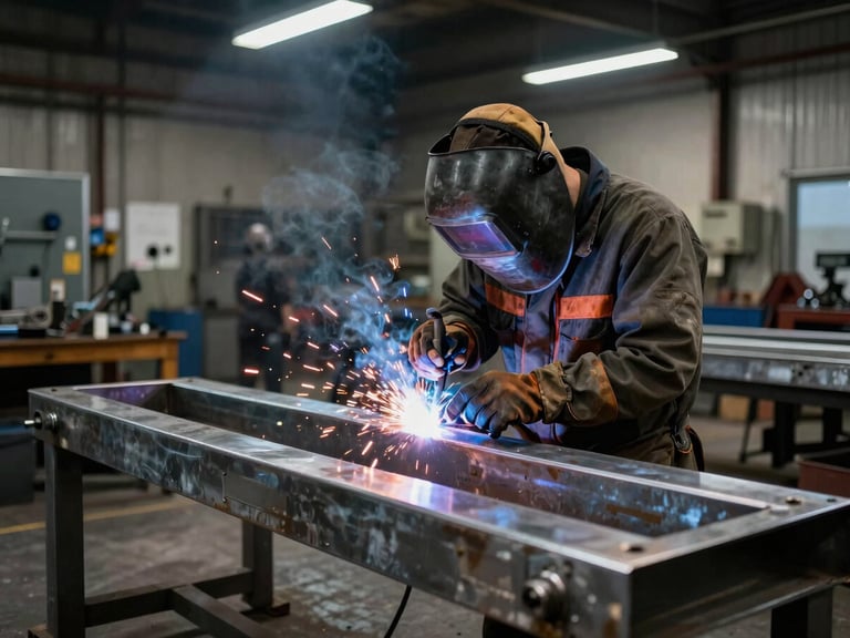 Wide shot of a skilled welder working on a custom metal project in a well-lit workshop, sparks, safety gear, industrial background, dramatic workshop lighting.
