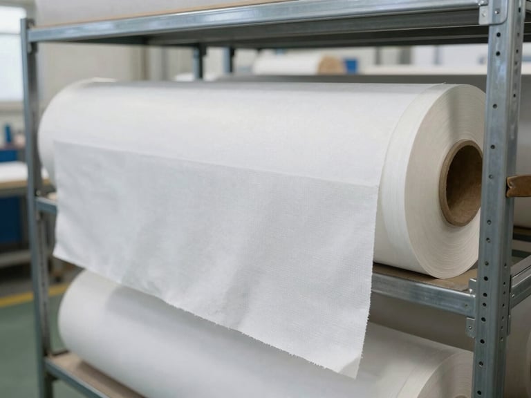 Industrial fabric rolls on steel shelves in a bright, clean factory warehouse, realistic documentary style, 35mm