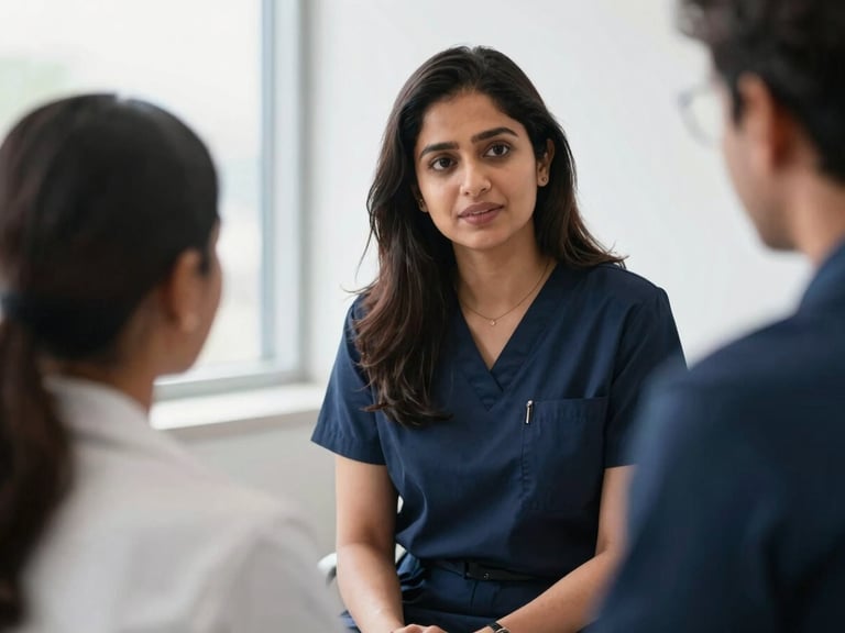 Professional portrait of Rashmi Nataraju in a clinical consultation with a patient, clear communication, bright natural window light, 50mm