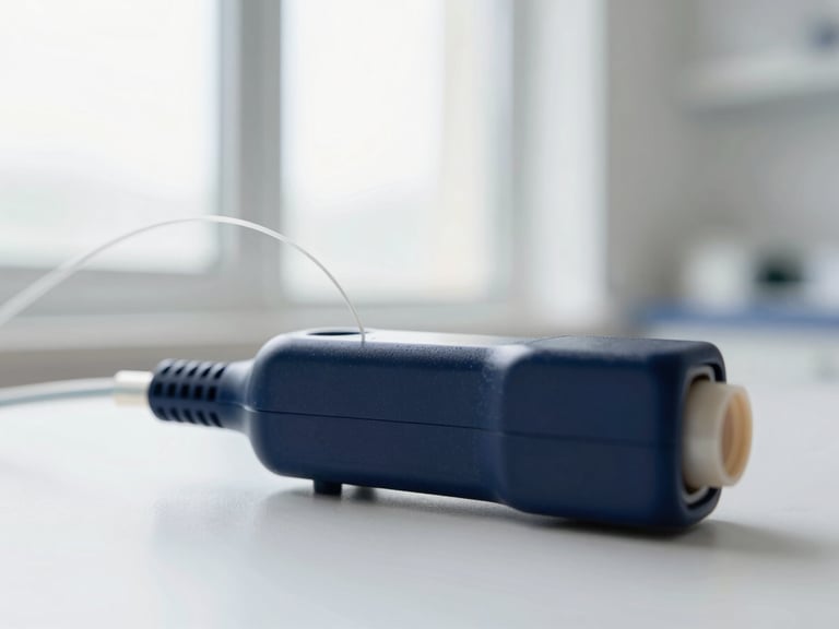 Close-up of a cochlear implant processor with fine wires, sterile clinical background, bright natural window light, sharp focus, 50mm