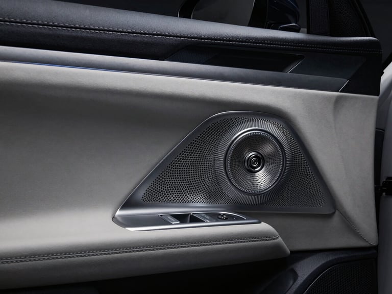 Close-up of a high-end car door panel with custom speaker grille, premium audio installation, clean lines, professional finish, dramatic studio lighting