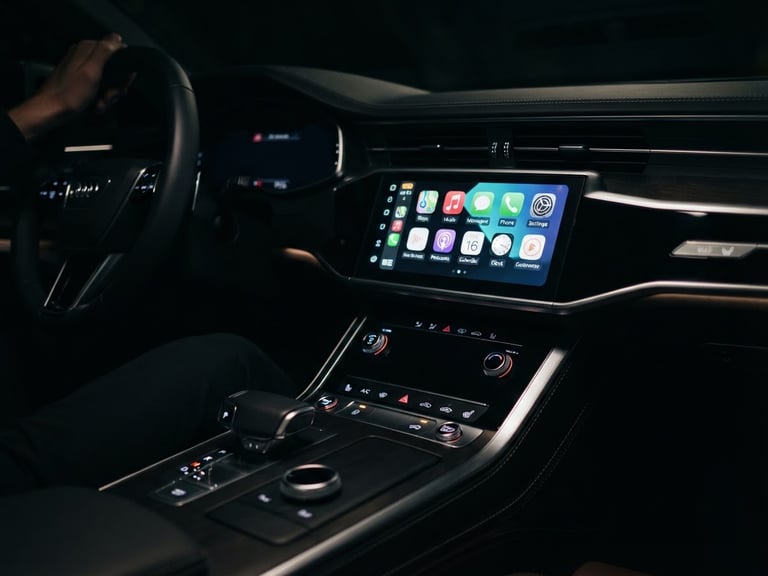 Premium automotive photography, close-up of a luxury car dashboard console displaying wireless CarPlay interface, sharp LED highlights, dark moody tones, shallow depth of field, 35mm