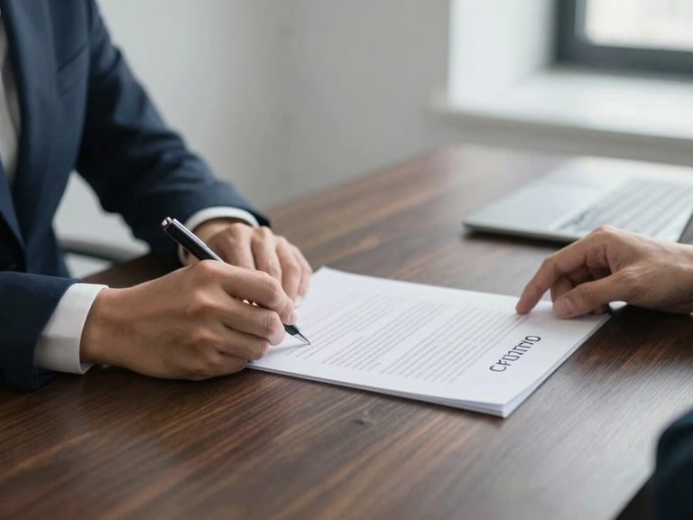 Close-up of hands signing a structured credit contract on a clean dark wood desk, soft natural daylight, minimalist corporate workspace, 35mm