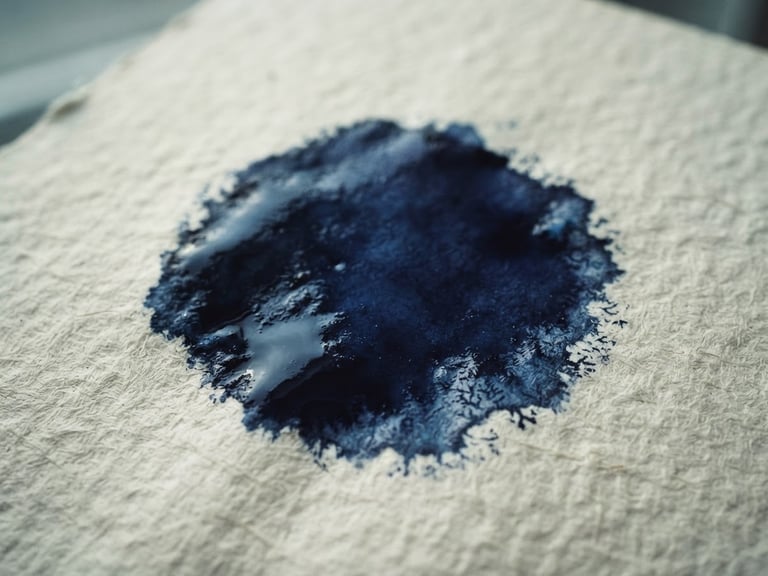 Macro shot of ink drying on textured heavy art paper, deep indigo shadows, cool natural window light, minimalist composition