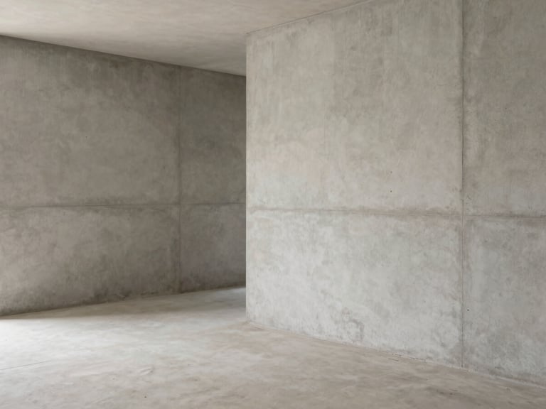 Minimalist empty room featuring polished concrete walls and floors in an industrial modern architectural style.
