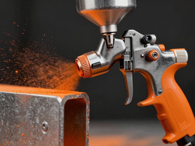 Macro close-up of a heavy-duty electrostatic spray gun applying vibrant orange powder coat to a steel bracket, intense orange particles visible in mid-air against a dark background.