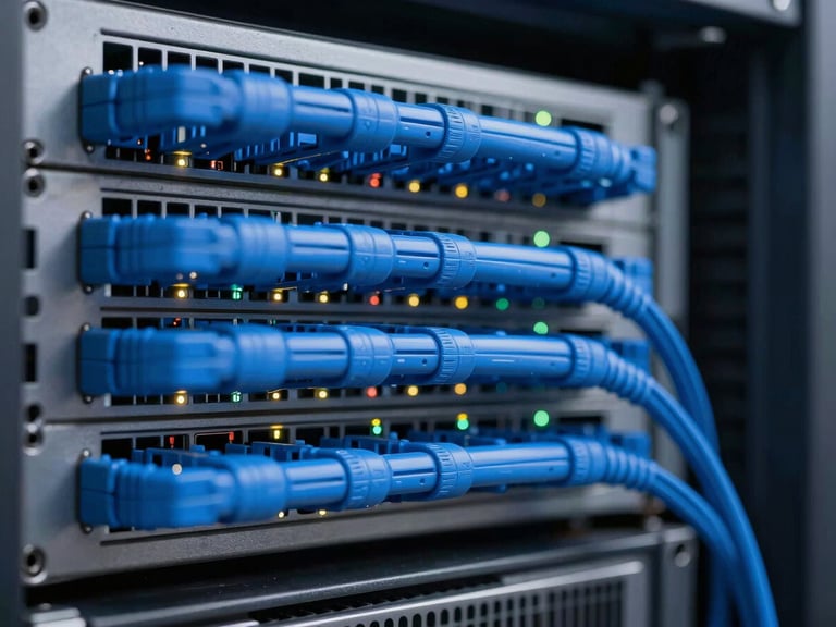 Macro shot of a clean enterprise server rack with perfectly organized blue cabling, glowing LED indicator lights, cool technical daylight, sharp geometric angles.