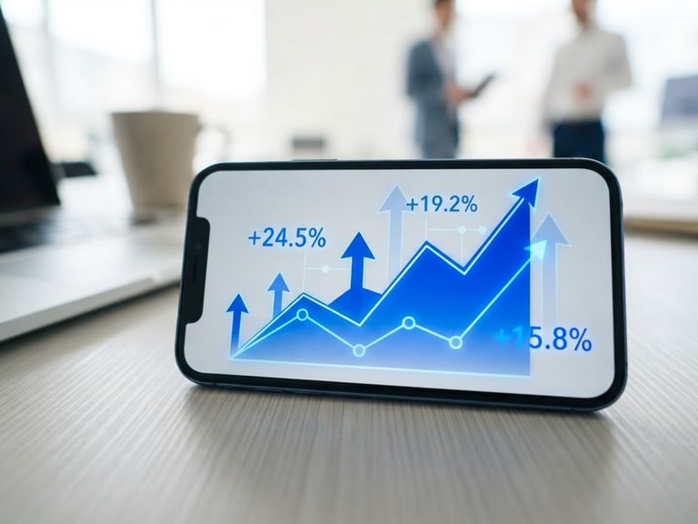 Sleek corporate technology workspace, macro close-up of a mobile interface displaying positive growth metrics in electric cobalt blue, bright high-key studio lighting, 35mm