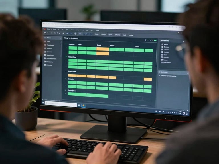 Over-the-shoulder perspective of a developer reviewing a build pipeline dashboard on a large monitor, green and amber status indicators visible, dark office environment, cool monitor glow illuminating keyboard and desk surface, no face visible