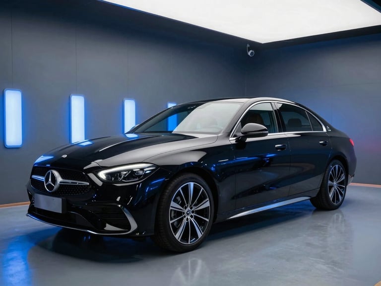 Crisp automotive photography of a modern luxury sedan inside a clean, high-tech paint booth with electric blue lighting reflections on its glossy black surface, wide angle, 35mm