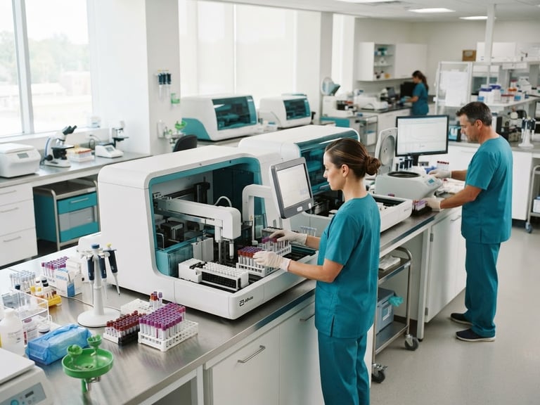 Bright clinical laboratory interior with automated diagnostic analyzers, clean white and teal tones, soft natural daylight, professional medical setting, 35mm