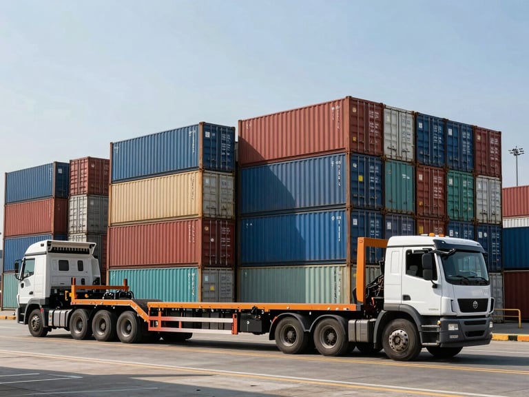 Wide-angle environmental shot of stacked shipping containers at Mundra port under harsh midday sun, heavy-duty flatbed truck waiting in the foreground
