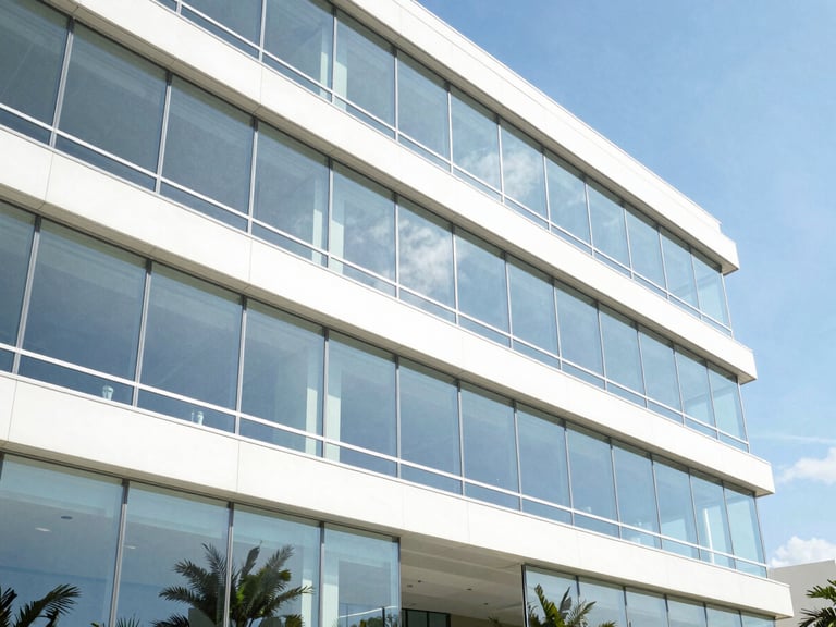 Sunlit modern architectural glass facade reflecting blue sky, clean lines, high-key Florida daylight, wide shot