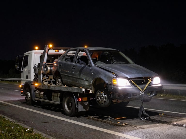 Gritty documentary photography, tow truck winch pulling a damaged car onto a flatbed, dramatic headlights, night highway, 35mm