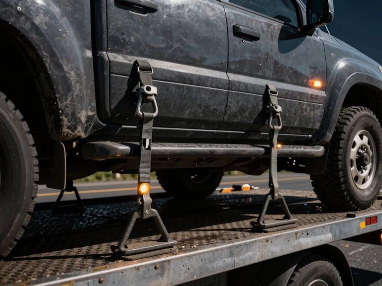 Gritty documentary photography, close-up of heavy-duty secure tie-downs on a large SUV on a tow flatbed, stark daylight, high contrast